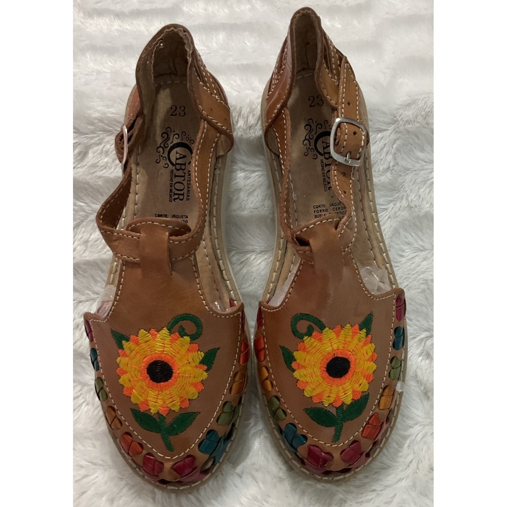 Cabator  Size 23 (6) Sunflower‎ Embroidered  Leather Huarache Sandals Bohemian